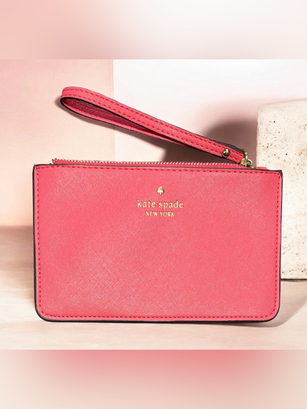 Kate Spade New York Two-Tone Coral Pink & Orange Saffiano Leather Zip Wristlet